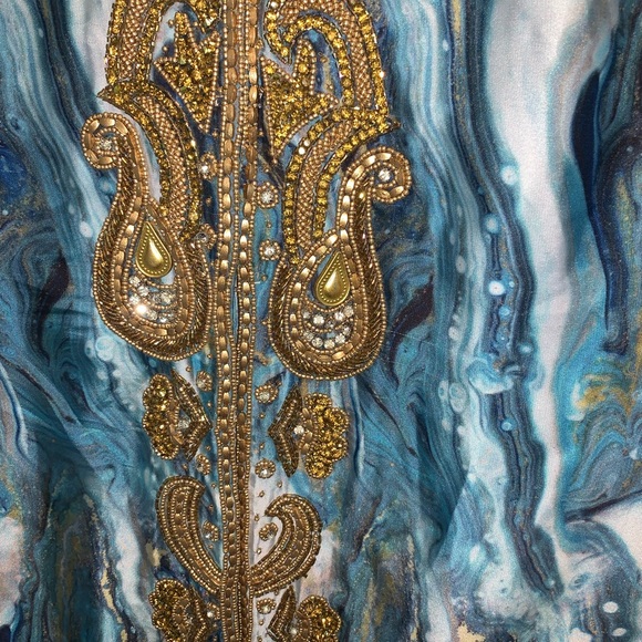 MANISH VAID- Silk Blue Pucci Island Prt. Crystal embroidered Dress Kimono-NWT M - Picture 5 of 10